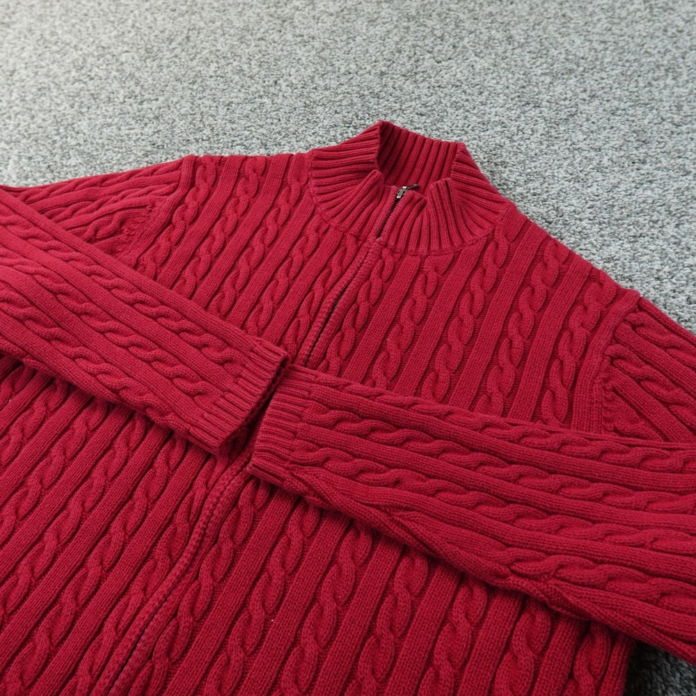 LL Bean Sweater Mens XL Red Aran Cable Knit Full Zip Mock Neck Jacket Outdoor